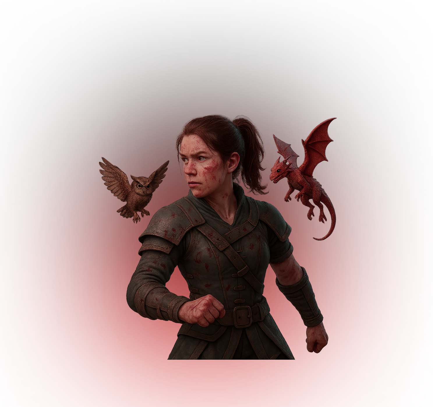 Female warrior with owl companion and dragon